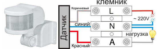 Схема подключения прожектора с датчиком движения к сети